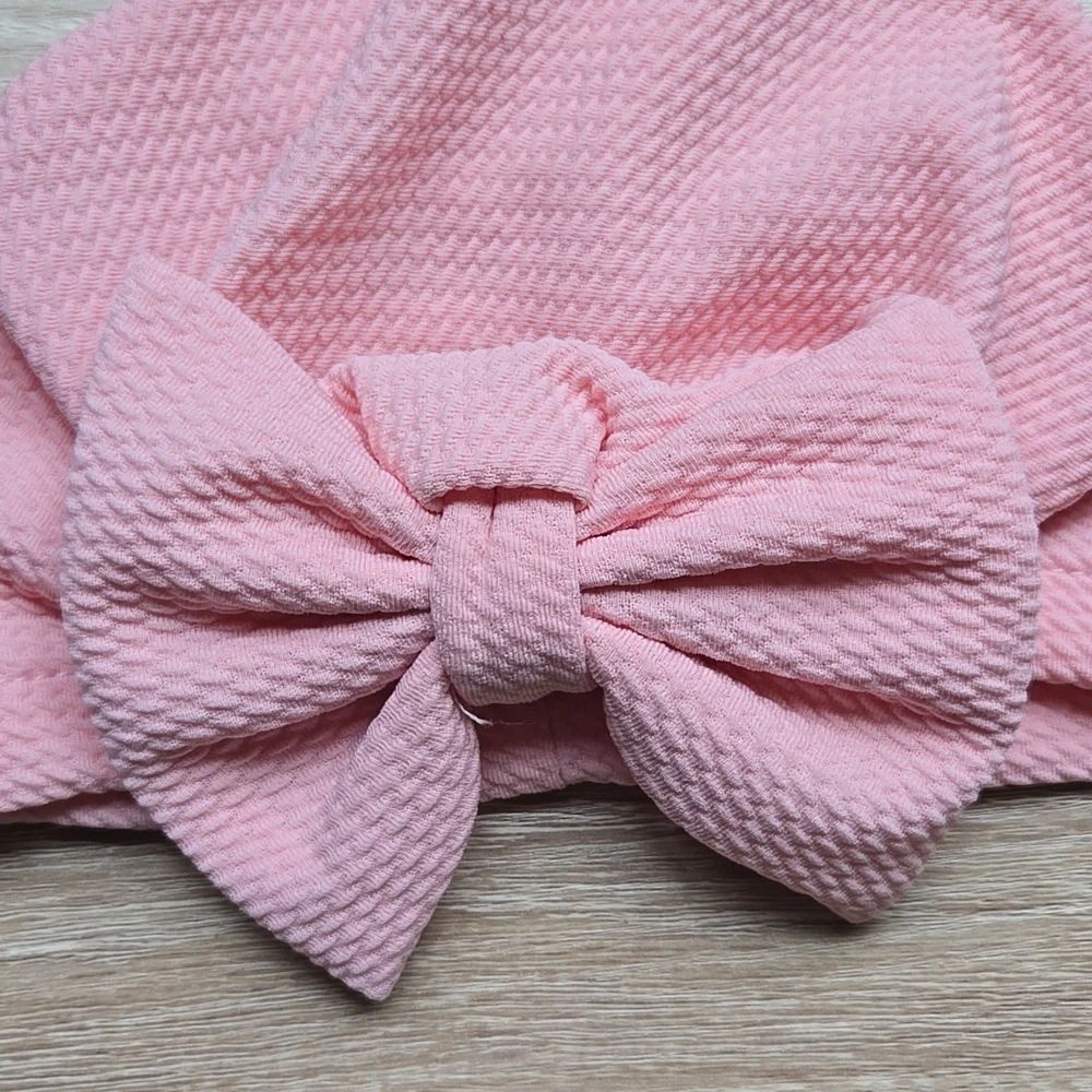 Baby Girl Pink Turban Hat Waffle Knit Big Bow Beanie Wrap Headband Sz 0-12M